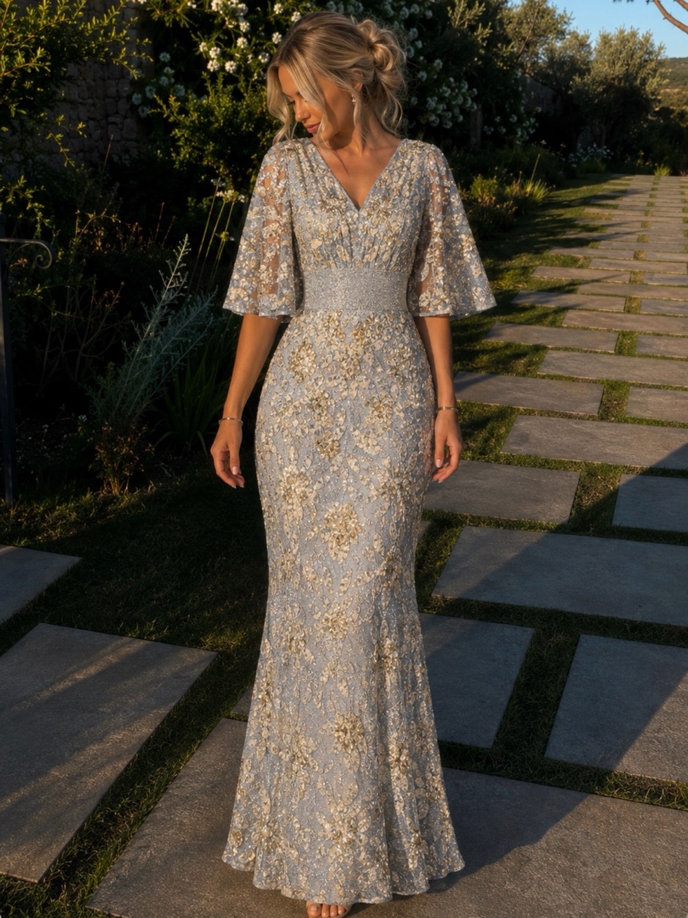 Mac Duggal 4574D CL Silver Gown with Gold Floral Embroidery Cape Sparkling 2
